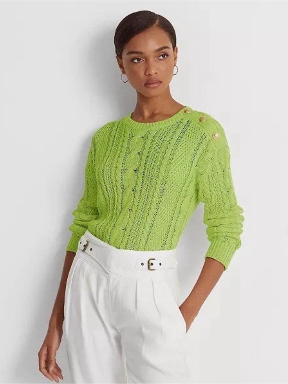 Lauren Ralph Lauren Spring Green Aran Knit Cable Sweater Size L